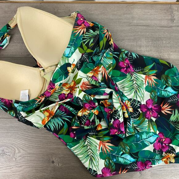 Swimsuits For All Green&Purple Tropical Halter Tie One Piece Swimsuit Sz.16 - Picture 10 of 16